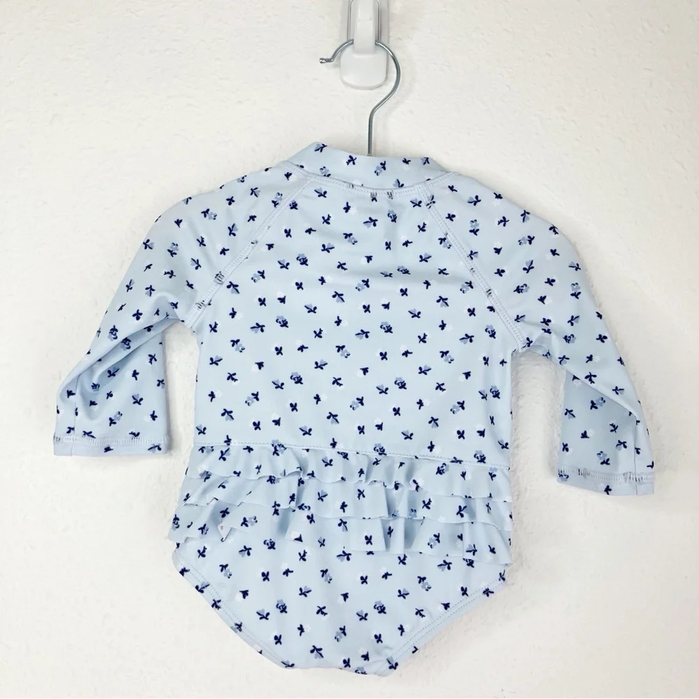 NWT Janie and Jack rash guard swimsuit beau blue floral w/ ruffles‎ 0-3 months